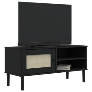 Mueble para TV de madera de pino maciza y madera de ingeniería en color negro con ratán sintético para sala de estar - Product Image 3