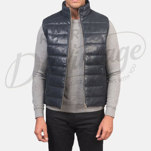 Chaleco Acolchado de Cuero Genuino Azul Marino para Hombre, Premium, Cuello Alto, Cierre de Cremallera, Sin Mangas, Corte Ajustado - Product Image 5