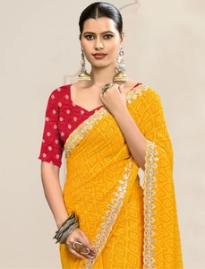 KV Women's Embroidered Reversible Wrinkle-Free Autumn Bollywood Georgette Printed <b>Saree</b> with Unstitched Blouse (<b>Yellow</b>) - Product Image 1