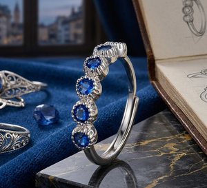 Elegante Anillo de Boda Minimalista Apilable de Plata de Ley 925 con Rodio, Zafiro Azul y Cinco Piedras de Circonita Cúbica con Engaste de Halo, Certificado y Fino - Product Image 4