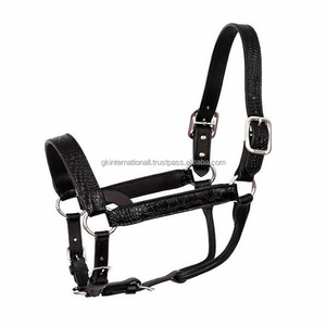 Halter de cheval de style occidental en cuir véritable à motif de crocodile robuste en tailles d'épi complètes et anneau à boucle à double couronne en laiton massif - Product Image 2