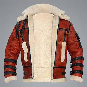 เสื้อแจ็คเก็ตบอมเบอร์บี3 สีแทนสำหรับผู้ชาย  ปกขนสีครีม  เสื้อโค้ทขนแกะสำหรับฤดูหนาว  หนังแกะแท้  บุขนแกะอุ่น  สไตล์นักบิน - Product Image 3