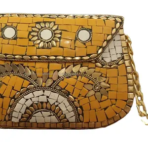 top trending Mosaic Clutch Bag Gold and Silver Tone Stone and Brass Stud Sling Bags Boho Fashion purse by LUXURY CRAFTS