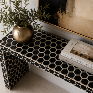 Modern Solid Wood Bone Inlay <b>Console</b> <b>Table</b> with Agate Detailing and Honeycomb Pattern for Living Room Entry <b>Storage</b> - Product Image 4