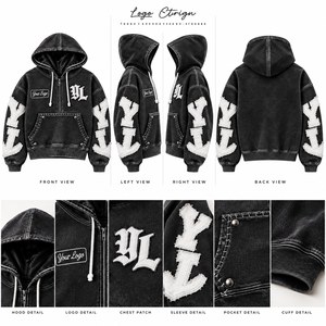 Hoodie oversize noir personnalisé, streetwear premium, demi-zip, effet délavé, avec appliqué et broderie vieillie - Product Image 5
