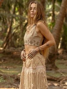 Boho Linen Crop <b>Top</b> Hand Block Printed Tribal Geometric Pattern <b>Festival</b> Clothing Women Ethnic Summer Halter Sleeveless <b>Top</b> - Product Image 2