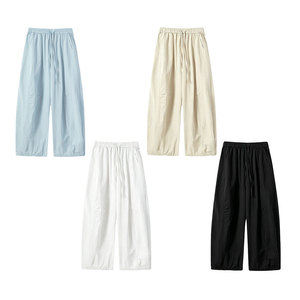 <b>Light</b> Blue Wide Leg Pants Women High Waist Drawstring Loose Fit Cotton Solid Color Casual Full Length <b>Trousers</b> - Product Image 3