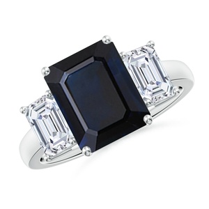 Anillo de Oro Sólido de 14k con Corte Esmeralda de 9*7MM, Zafiro Azul Natural y Diamante, Anillo de Compromiso Elegante de Tres Piedras, Joyería Fina - Product Image 1