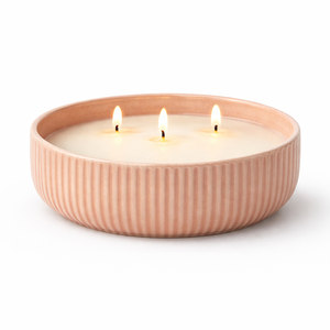 Recipiente de Cerámica para Velas con Textura Acanalada, Tazón Ancho, Pared Gruesa, Resistente al Calor, Acabado Mate, Triple Mecha, Decoración de Hogar de Lujo Reutilizable - Product Image 1