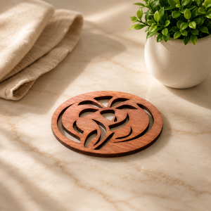 Abstract Floral Swirl Laser Cut Solid Wood Coaster Handcrafted Heat Resistant Drink Mat Rustic <b>Table</b> <b>Protector</b> Coffee - Product Image 1