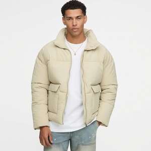 Oem Men's Beige Puffer Jacket Stand Collar Zipper Closure Windproof <b>Thick</b> Polyester <b>Winter</b> Casual <b>Coat</b> - Product Image 1