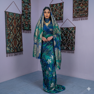 Châle Fransawi Dirac marron doré à imprimé floral et jacquard doré |   Vêtements de cérémonie somaliens de luxe - Product Image 6