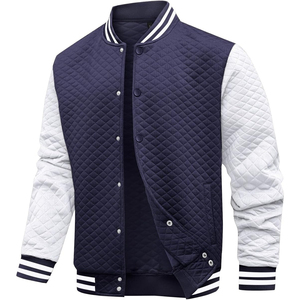 <b>Men's</b> Navy Blue Varsity <b>Jacket</b> Solid Color Button Closure Turn-down Collar Casual Style Autumn Wear Regular Fit - Product Image 1