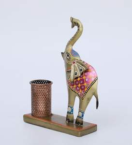 Traditional India Metal Baby Elephant Pen Stand <b>for</b> Home Office Study Use to Hold Pens <b>Pencils</b> Notes Cards and <b>Desk</b> Accessories - Product Image 1