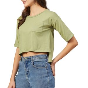 เสื้อยืดครอปโอเวอร์ไซส์ผู้หญิง ผ้าฝ้ายทรงหลวม แขนครึ่งตัว มีกระเป๋า เสื้อครอปขายส่ง รับผลิตแบบ OEM - Product Image 2