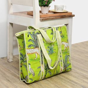 Handmade Kantha Quilted Cotton Tote Bag Eco-Friendly Tropical Leopard Print Large Shopping Shoulder Bag for Women Exporter - Product Image 4