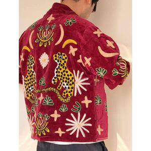 Handmade Vintage Embroidered Floral Thin High Quality Bomber <b>Jacket</b> Red <b>Velvet</b> Unisex Winter Style Heated Eco-Friendly Mandarin - Product Image 2
