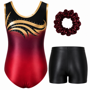 Girls Slim <b>Gymnastics</b> <b>Leotard</b> <b>Shorts</b> Set Sleeveless Scrunchie Printed Gradient Red Black Gold Rhinestone Mid-Waisted Lightweight - Product Image 2