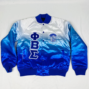 1914 Blu Phi Sigma Bomber Jacket Blue Mens Greek Letter Satin Jacket Fraternity Apparel Zip Up Classic Fit Premium Outerwear - Product Image 2