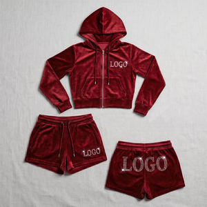 Conjunto de Sudadera Corta con Cremallera Completa y Manga Larga de Terciopelo Negro Sólido para Mujer y Pantalones Cortos con Pedrería, Venta al por Mayor OEM ODM - Product Image 3