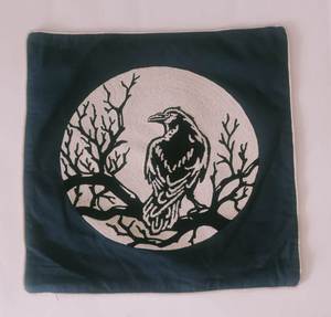 Luxury Square Velvet Handmade Cushion Cover with Embroidered Raven on Tree Branch Pattern Vintage Style Home Decor - Product Image 1