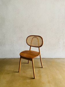 Mid Century Teak Wood <b>Dining</b> <b>Chair</b> with Oval <b>Natural</b> Rattan Backrest - Product Image 3