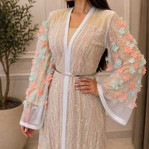 Embellished Floral <b>Abaya</b> Sheer Bell Sleeves Beaded Sequins Pastel Applique Long Modest Evening Gown Islamic Eid Elegant <b>Wedding</b> - Product Image 5