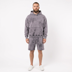 Conjunto de Sudadera con Capucha y Pantalones Cortos para Hombre, de Felpa Cepillada, Dos Piezas, Estilo Casual, con Estampado Puff, Cintura con Cordón y Bolsillos - Product Image 6