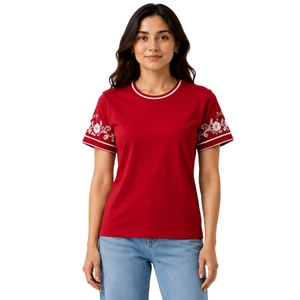 เสื้อยืดคอกลมผ้าฝ้ายปักลายดอกไม้สีขาวสำหรับผู้หญิงสีแดงแบบกำหนดเอง แขนสั้น สไตล์ลำลอง ผลิตตามสั่ง OEM คุณภาพพรีเมียม แฟชั่นฤดูร้อน - Product Image 1