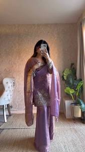 Ensemble Salwar Kameez pour femmes, brodé violet, avec dupatta en soie, coupe classique, vêtements indiens et pakistanais - Product Image 6