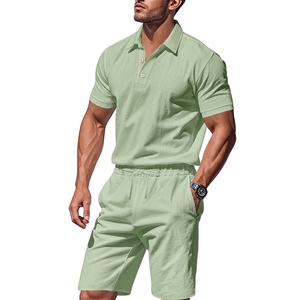 Ensemble polo et short en coton pour homme, couleur unie, décontracté, respirant, tricoté, 2 pièces, gris - Product Image 6