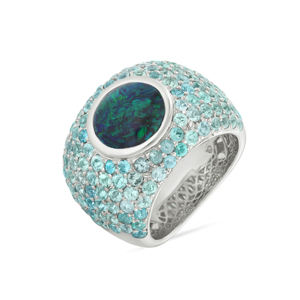 Luxury Women's 925 Silver Cocktail <b>Ring</b> With <b>Opal</b> Center And Pave Set <b>Blue</b> Gemstones Party Jewelry - Product Image 1