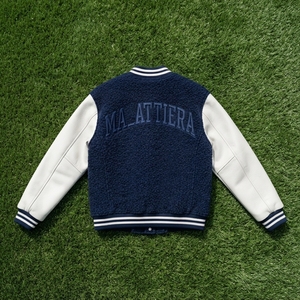Men's Navy Fleece <b>Jacket</b> with <b>White</b> PU Sleeves Front Logo Casual Style Stand Collar Regular Fit Eco-Friendly Breathable Winter - Product Image 6