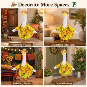Costume de fête Fiesta Porch : Chemise jaune, chapeau de paille, lunettes de soleil, colliers de perles, décoration de statue d'oie de jardin, tenue de fête - Product Image 6