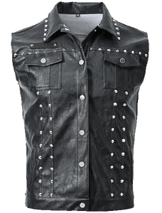 Gilet en cuir PU clouté pour homme, anti-plis, séchage rapide, avec strass et rivets, sans manches, coupe ajustée, style motard, pour soirée et hiver - Product Image 1