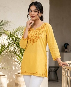 Women Trendy Yellow Embroidered Cotton Kurti For Women Traditional Loose Fit Midi Length Casual Wear Indian Pakistani Style <b>Top</b> - Product Image 1