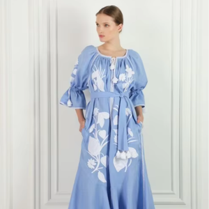 Vestido largo bohemio bordado para mujer, vestido largo de verano de algodón con cuello redondo y manga corta, bordado floral étnico - Product Image 1