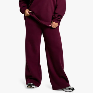Pantalones deportivos de mujer de alta calidad color burdeos, con cordón ajustable, pierna recta, tejido de felpa, tacto suave, pantalones de chándal para mujer. - Product Image 1