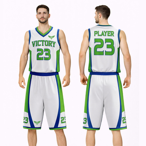 Ensemble d'uniformes de basketball personnalisés 2026 blanc, vert et bleu pour hommes – Maillot et short sublimés avec nom et numéro d'équipe personnalisés - Product Image 1