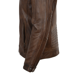 <b>Men's</b> Brown Solid Color Genuine <b>Leather</b> Moto <b>Jacket</b> Stand Collar Zipper Closure OEM Service <b>Leather</b> <b>Jacket</b> For Sale - Product Image 2