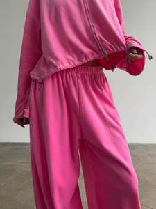 Ensemble de survêtement rose à capuche pour femme, manches longues, fermeture éclair, coupe décontractée ample avec poches latérales, taille élastique, style printemps - Product Image 6