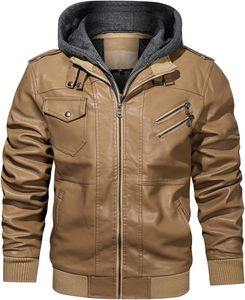 <b>Men</b> Brown PU <b>Leather</b> Moto Biker <b>Jacket</b> Hooded Zipper Front Solid Color Autumn Slim Fit Regular Sleeve Windproof - Product Image 2
