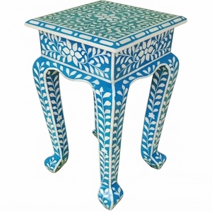 Tabouret artisanal en terre cuite avec incrustations de os, motif géométrique de luxe, table d'appoint octogonale, tabouret d'appoint pour salon, artisanat indien - Product Image 6