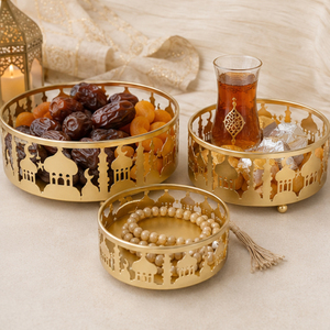 Factory Wholesale 3Pcs Gold Metal Ramadan Serving <b>Trays</b> Set Hollow Out Mosque Laser Cut Eid Mubarak Food <b>Storage</b> Container - Product Image 6