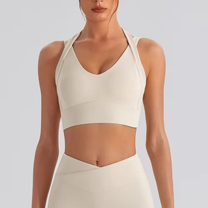 Sujetador deportivo de yoga sin costuras, talla grande, agradable al tacto, con tirantes cruzados, cuello en U, diseño sin espalda con logo frontal y detalles de encaje acanalado. - Product Image 2