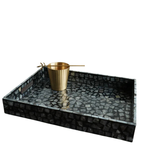 Plateau de service rond en nacre avec incrustations florales de luxe, mosaïque décorative en MOP avec poignées pour table basse, ottoman, maison - Product Image 4