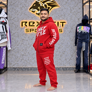Men's Custom Red Full <b>Zip</b> <b>Hooded</b> Tracksuit Graphic Printed Casual Winter Cotton Fleece Sweatshirt Jogging Pants Set Custom Label - Product Image 2
