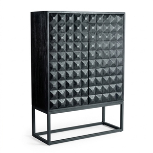 Dice Cabinet Black Modern Wooden Storage <b>Drawer</b> Organizer Featuring Geometric Diamond Pattern Carved Facade And Metal Base - Product Image 1