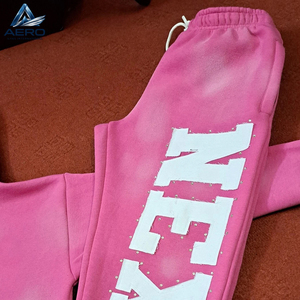High Quality Custom Oversized Acid Wash <b>Tracksuit</b> <b>Pink</b> Distressed Raw Edge Patchwork Rhinestone Full Zip Hoodie Sweatpants Set - Product Image 6