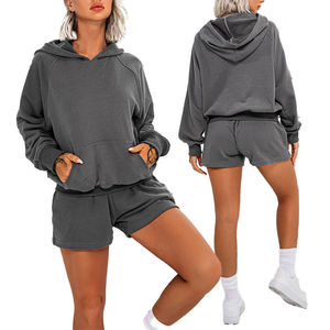 Women's Gray 2 Piece Hooded Sweatshirt Shorts <b>Set</b> Casual Loose Fit Solid Color Fleece Breathable Spring Summer Wear - Product Image 1